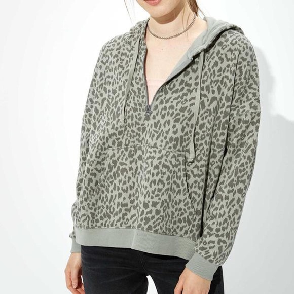 American Eagle Outfitters Tops - AEO Green Leopard Oversized Hoodie